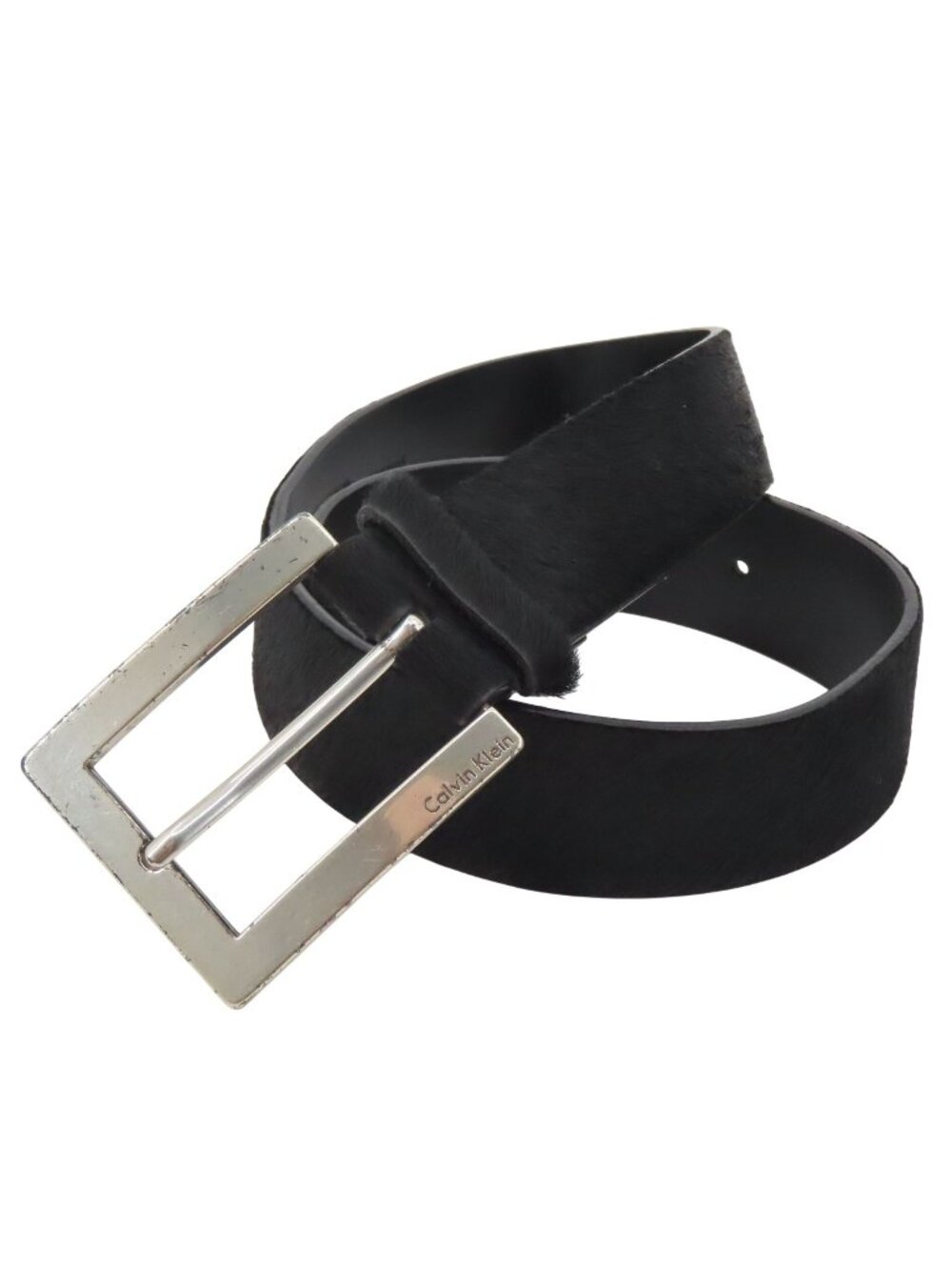 Calvin Klein Women Small Solid Black Genuine Leather Cow Hair Belt Silver Buckle